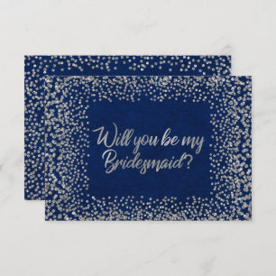 Will You Be My Bridesmaid Blue Navy Glitter Silver Invitation