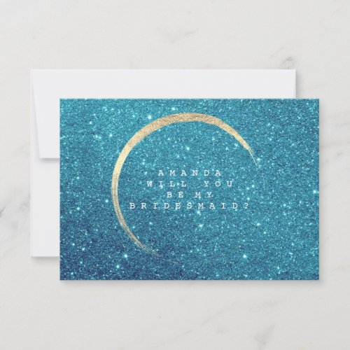 Will You Be My Bridesmaid Blue Ocean Gold Glitter Invitation