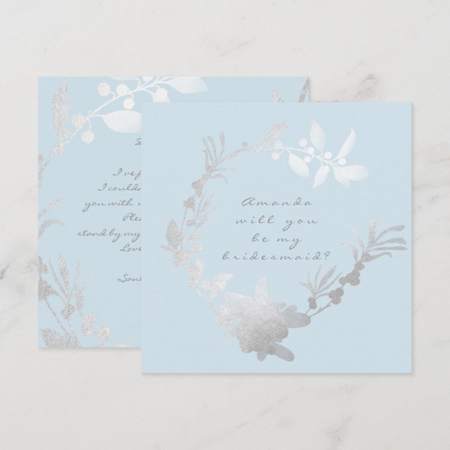Will You Be My Bridesmaid Blue Pastel Gray Wreath Invitation (Front/Back)