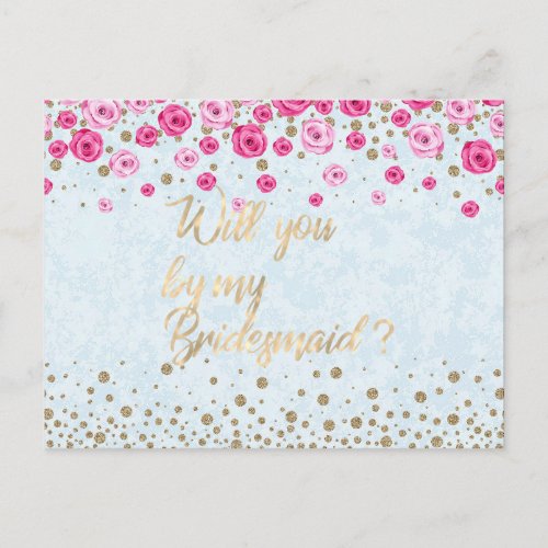 Will You Be My Bridesmaid Blue Pink Roses Confetti Invitation Postcard