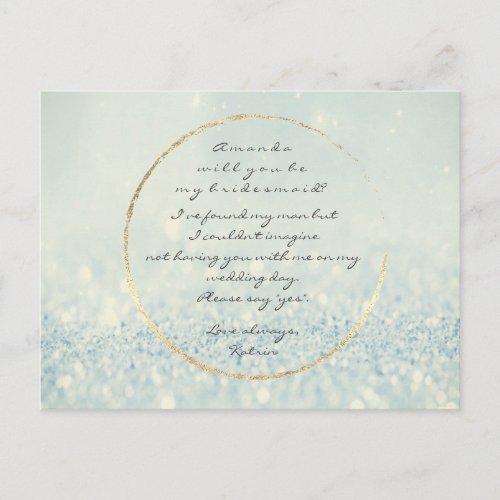 Will You Be My Bridesmaid Blue Warm Gold Glitter Invitation Postcard