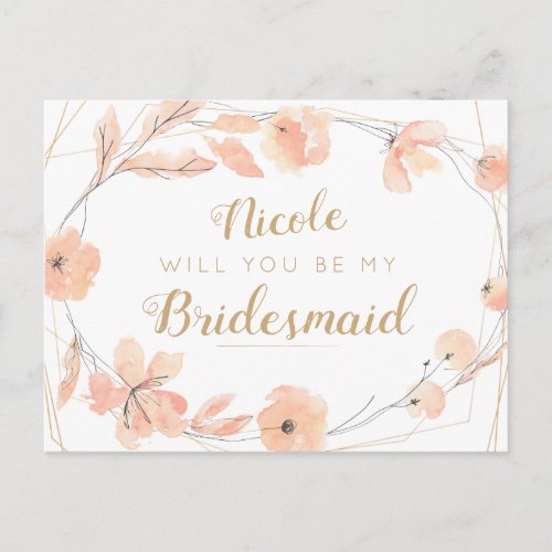 Will You Be My Bridesmaid Blush Blooms Watercolor Invitation Postcard