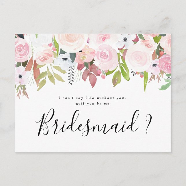 Will you be my bridesmaid blush pink floral invitation postcard (Front)