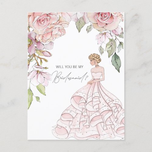 Will You Be My Bridesmaid Blush Pink Floral Invitation Postcard