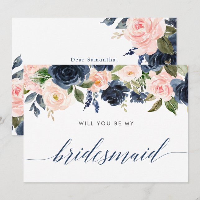 Will you be my bridesmaid blush pink navy blue invitation (Front/Back)