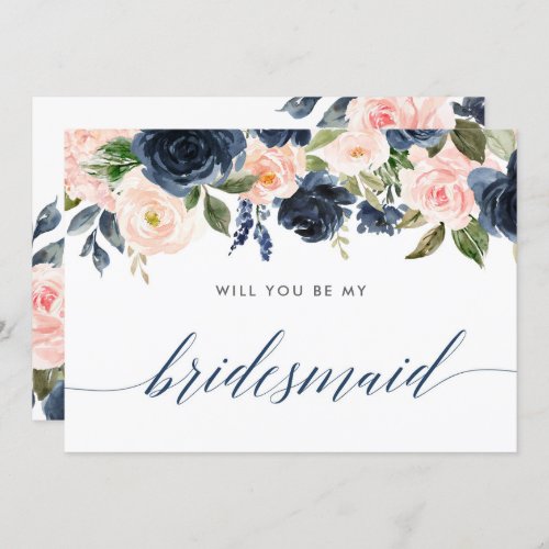 Will you be my bridesmaid blush pink navy blue invitation