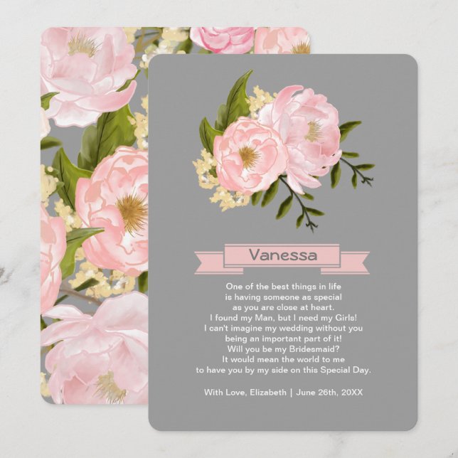 Will you be my Bridesmaid? Blush Pink Peonies Gray Invitation (Front/Back)