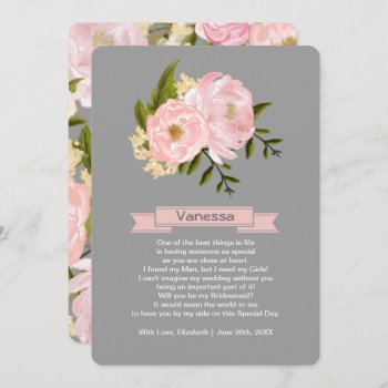 Will You Be My Bridesmaid? Blush Pink Peonies Gray Invitation by YourWeddingDay at Zazzle