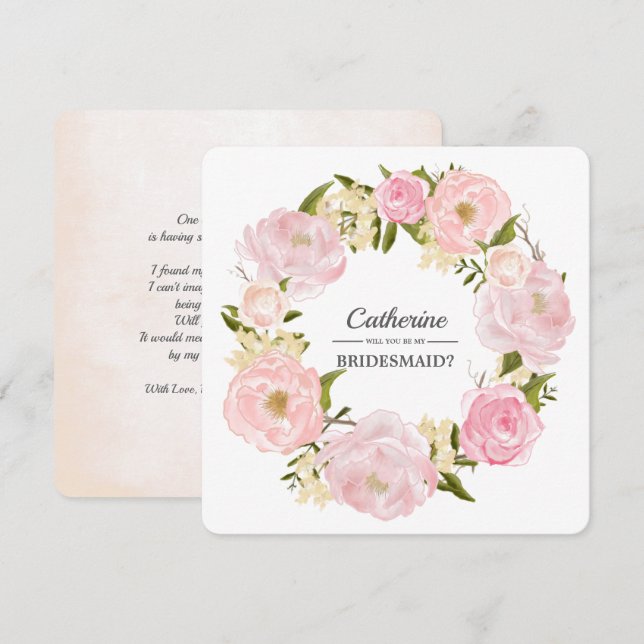 Will you be my Bridesmaid? Blush Pink Peony Wreath Invitation (Front/Back)