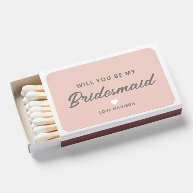 Will You Be My Bridesmaid Blush Rose Pink Monogram Matchboxes (Front Open)