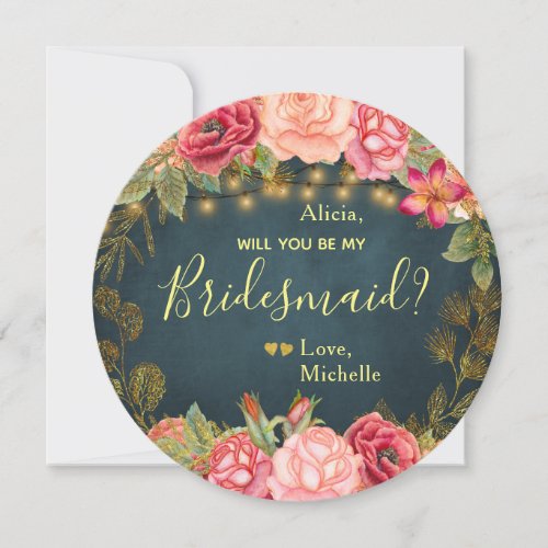 Will you be my bridesmaid blush roses on navy invitation