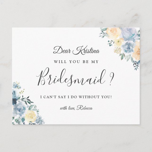 Will You Be My Bridesmaid Bohemian Vanilla Blue Invitation Postcard (Front)