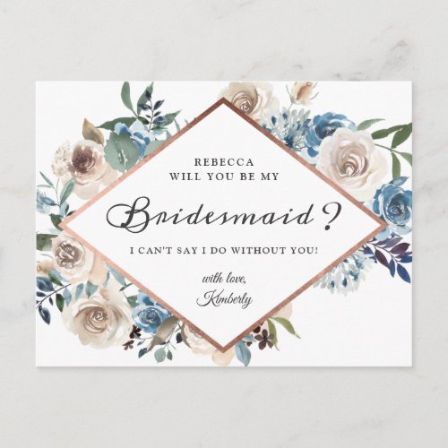 Will You Be My Bridesmaid Boho Dusty Blue Floral Invitation Postcard