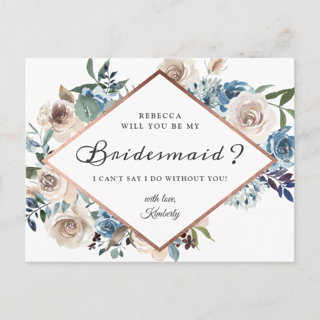 Will You Be My Bridesmaid Boho Dusty Blue Floral Invitation Postcard (Front)