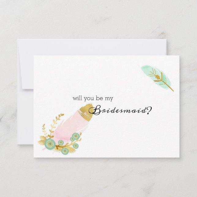 Will You Be My Bridesmaid Boho Pink and Gold Feath (Front)
