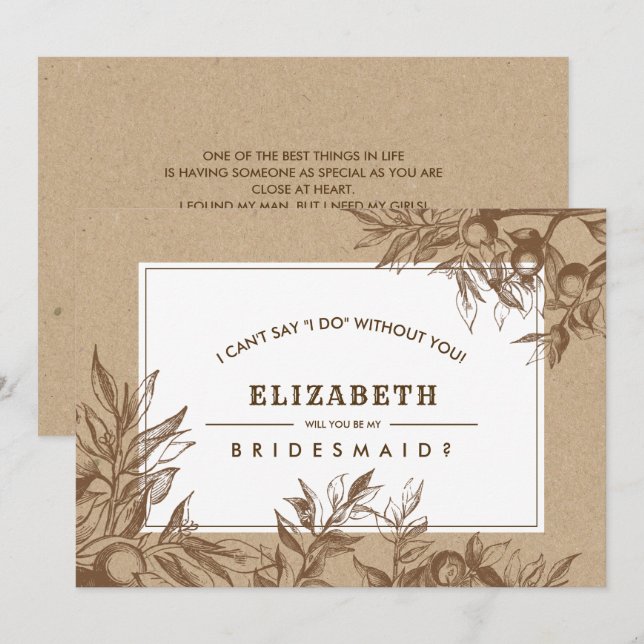 Will you be my Bridesmaid? Botanical Kraft Paper  Invitation (Front/Back)
