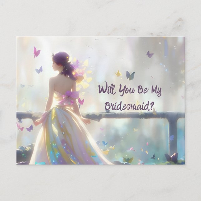Will You Be My Bridesmaid Bride and Butterflies Postcard (Front)