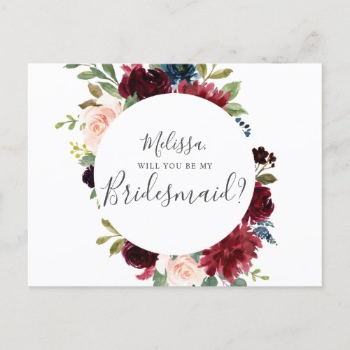 Will You Be My Bridesmaid Burgundy Blue Floral Invitation Postcard
