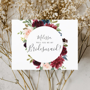 Will You Be My Bridesmaid Burgundy Blue Floral Invitation Postcard by CrispinStore at Zazzle