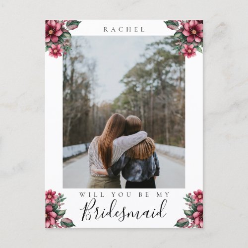 Will you be my Bridesmaid Burgundy Floral photo Postcard
