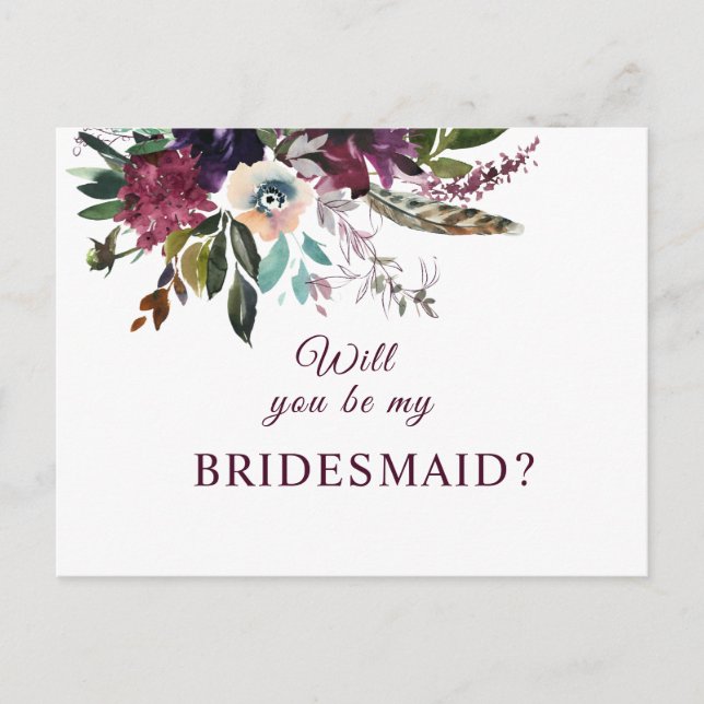 Will You Be My Bridesmaid Burgundy Floral Postcard (Front)