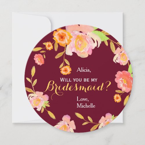 Will you be my bridesmaid burgundy floral wreath invitation