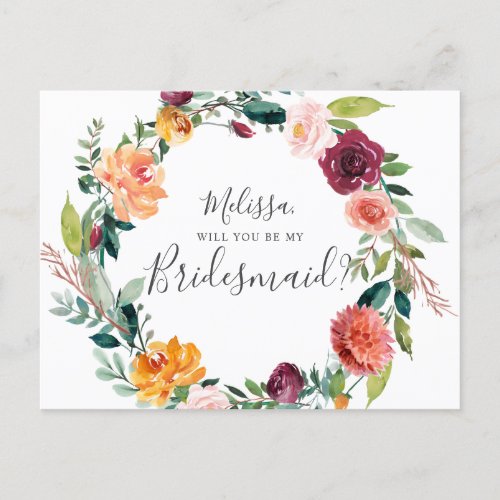 Will You Be my Bridesmaid Burgundy Flowers Invitation Postcard