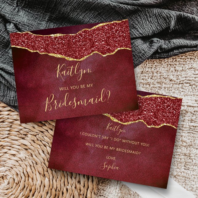 Will You Be My Bridesmaid Burgundy & Gold Agate Invitation Postcard (Creator Uploaded)