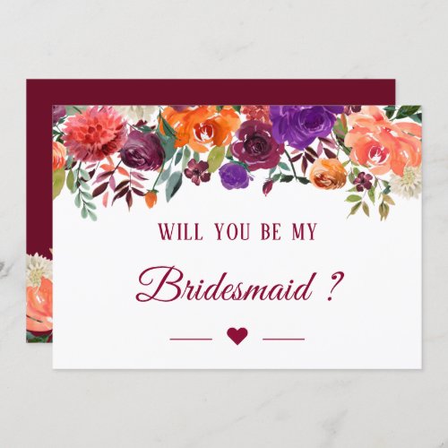 Will You Be My Bridesmaid Burgundy Orange Floral Invitation - Rustic Burgundy Orange Floral - Will You Be My Bridesmaid Card. 
(1) For further customization, please click the "customize further" link and use our design tool to modify this template. 
(2) If you need help or matching items, please contact me.