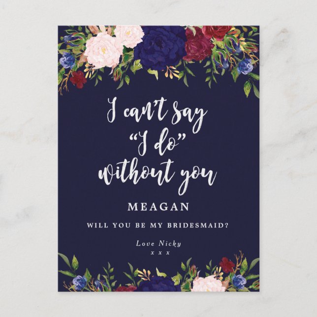 Will you be my bridesmaid card navy floral (Front)