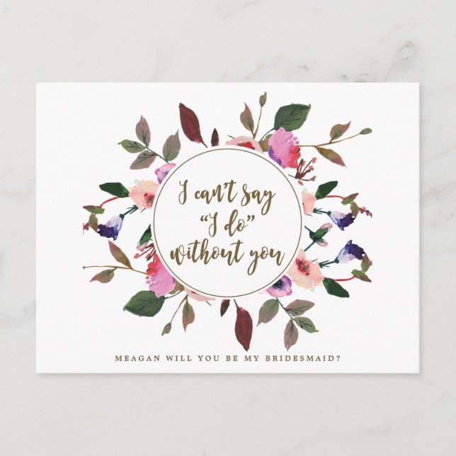 Will you be my bridesmaid card pink purple florals (Front)