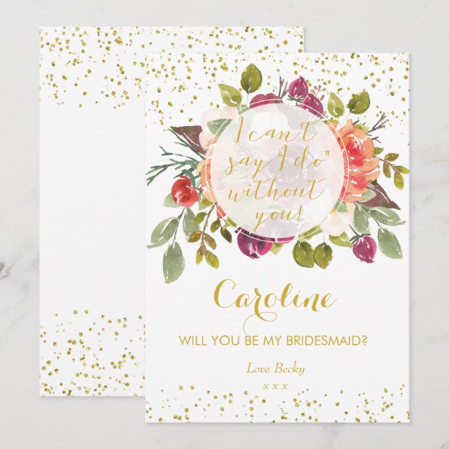 Will you be my bridesmaid card purple gold floral (Front/Back)