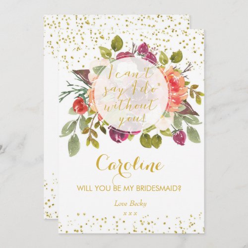 Will you be my bridesmaid card purple gold floral