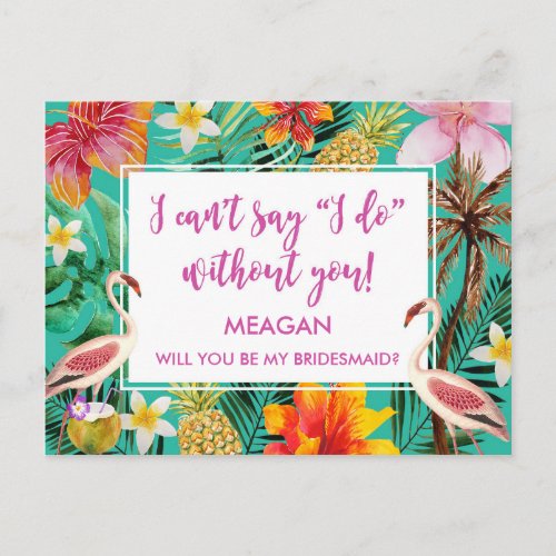 Will you be my bridesmaid card tropical flamingo