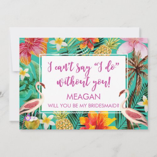 Will you be my bridesmaid card tropical flamingo