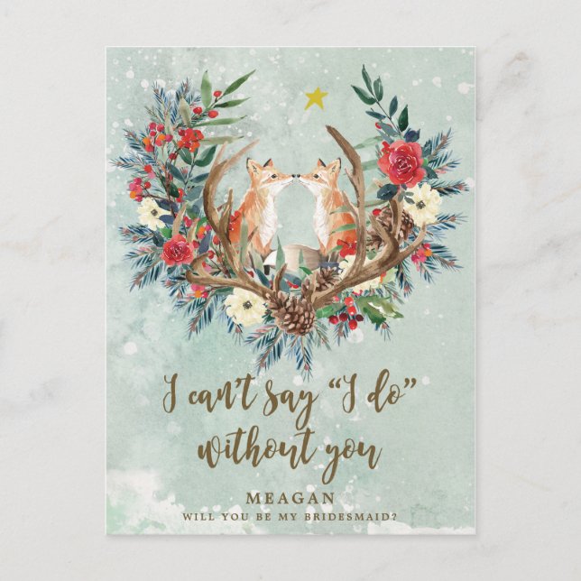 Will you be my bridesmaid card winter floral fox (Front)