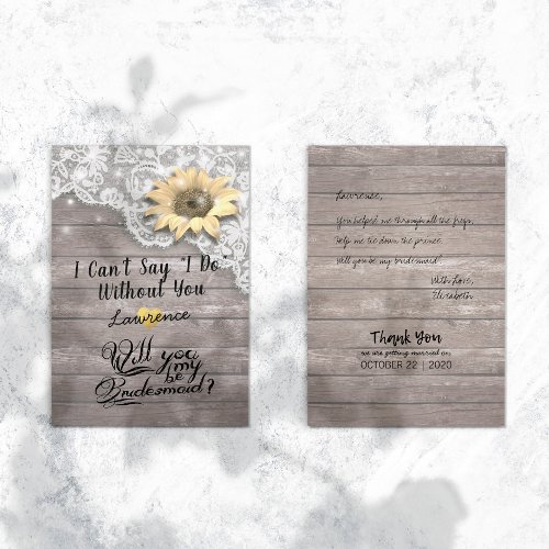 Will You Be My Bridesmaid Chic Lace Sunflower Wood Invitation