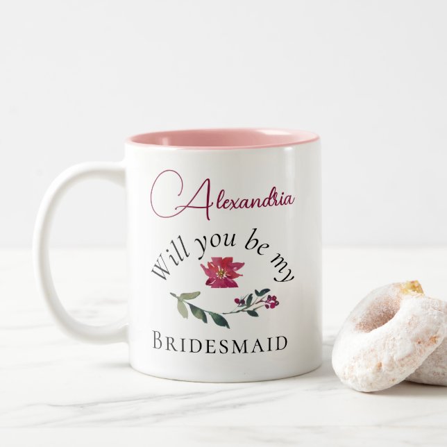 Will You Be My Bridesmaid Christmas Poinsettia Two-Tone Coffee Mug (With Donut)