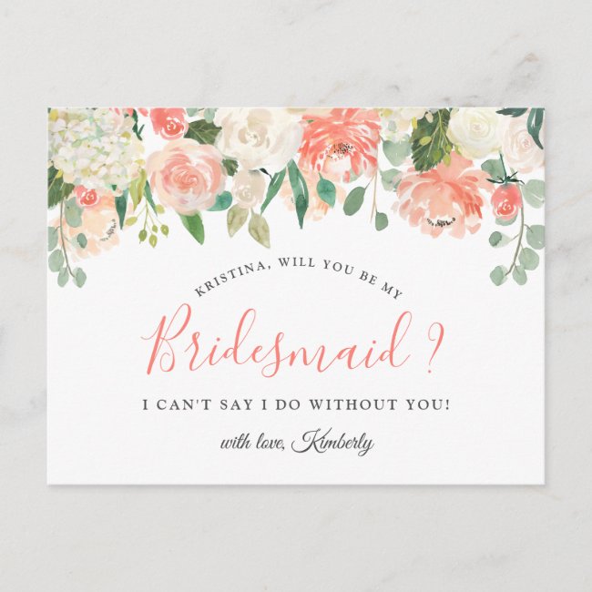Will You Be My Bridesmaid Coral Peach Blush Floral Invitation Postcard
