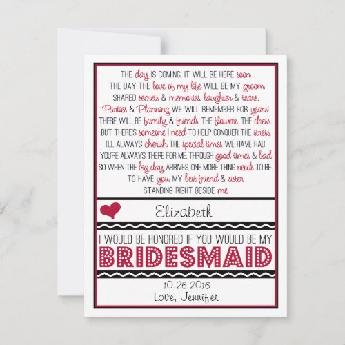 Will you be my Bridesmaid? Deep Red/Black Poem Custom Invitations