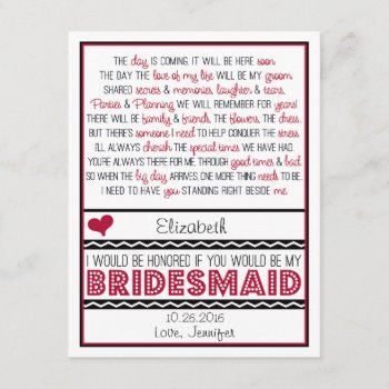 Will You Be My Bridesmaid? Deep Red/black Poem V2 Invitation by weddingsnwhimsy at Zazzle
