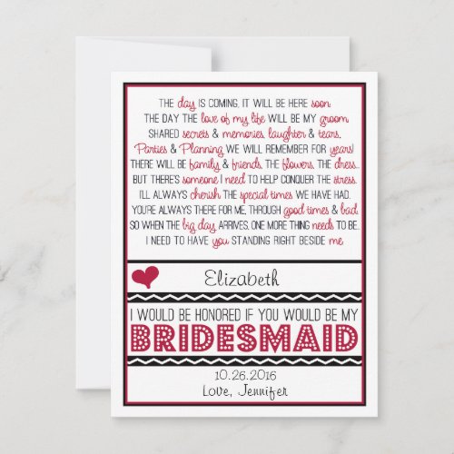 Will you be my Bridesmaid? Deep Red/Black Poem V2 Custom Invitations