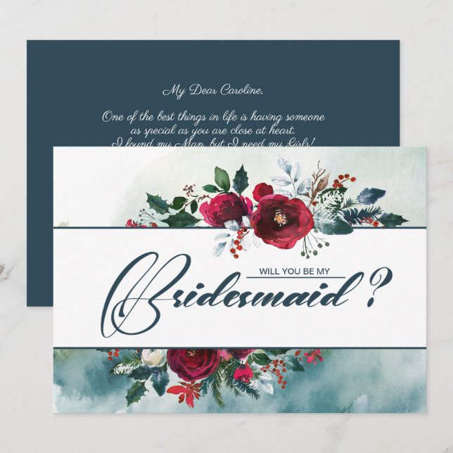 Will you be my Bridesmaid. Dusty Blue | Burgundy Invitation (Front/Back)