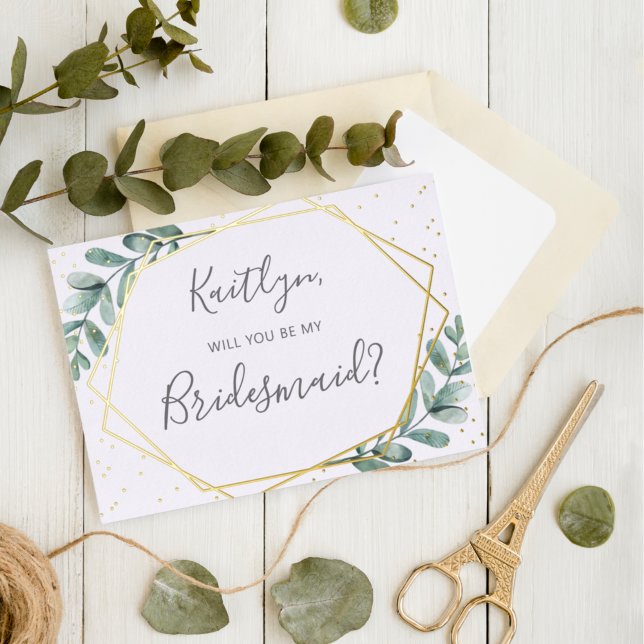 Will You Be My Bridesmaid Eucalyptus Geometric Foil Invitation (Creator Uploaded)