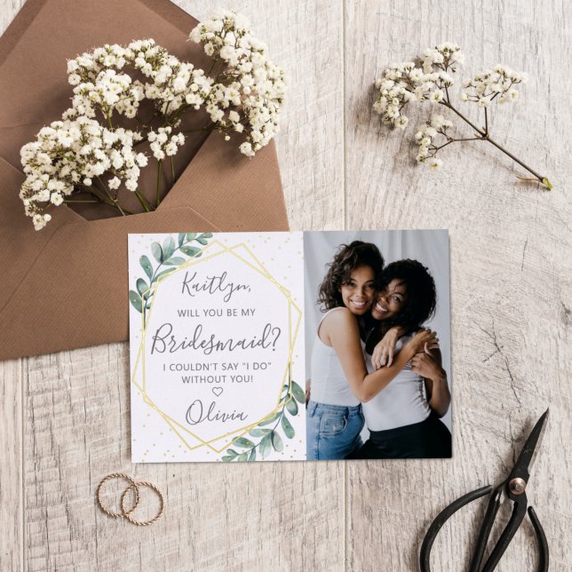 Will You Be My Bridesmaid Eucalyptus Geometric Foil Invitation (Creator Uploaded)