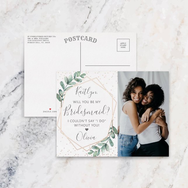 Will You Be My Bridesmaid Eucalyptus Geometric Foil Invitation Postcard (Creator Uploaded)
