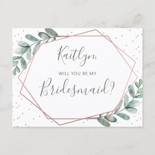 Will You Be My Bridesmaid Eucalyptus Geometric Invitation Postcard