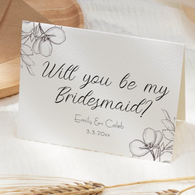 Will You Be My Bridesmaid? Floral Line Art   Card (will you be my bridesmaid bridesmaid proposal card black and white flowers drawn script cursive )