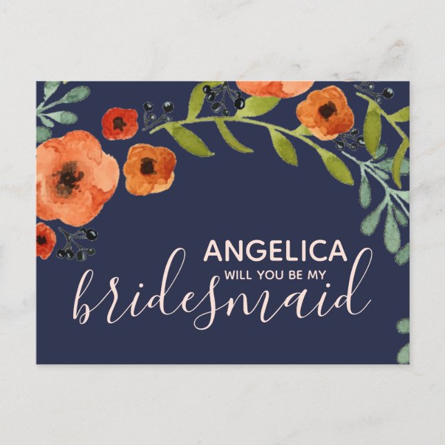 Will you be my bridesmaid Floral pastel pink gold Invitation Postcard (Front)
