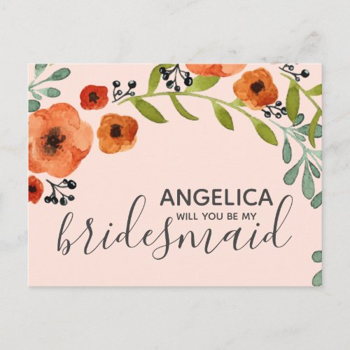 Will you be my bridesmaid Floral pastel pink Invitation Postcard
